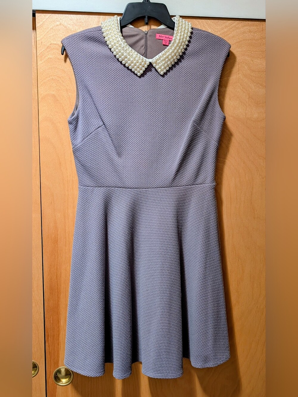 Betsey Johnson Gray/Pewter Fit-and-Flare Dress with Pearl Collar